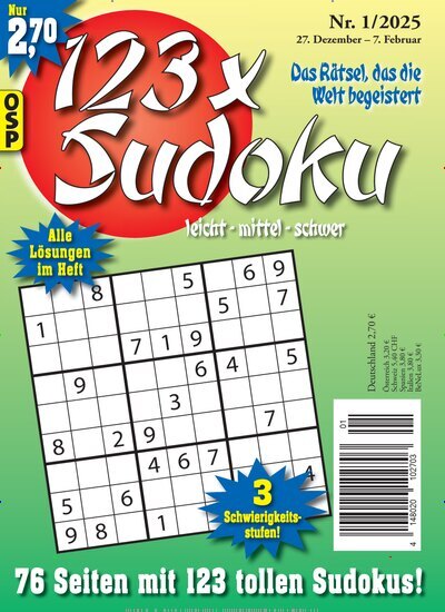 Titelbild der Ausgabe 1/2025 von 123 x Sudoku. Diese Zeitschrift und viele weitere Groschenromane und Rätselhefte als Abo oder epaper bei United Kiosk online kaufen.