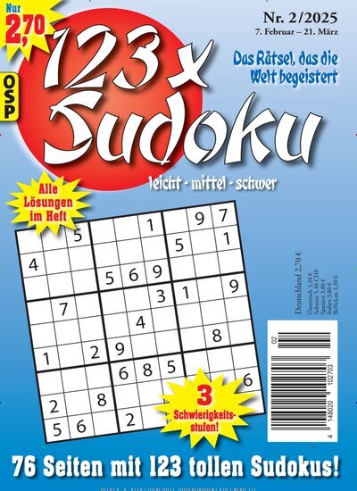 Titelbild der Ausgabe 2/2025 von 123 x Sudoku. Diese Zeitschrift und viele weitere Groschenromane und Rätselhefte als Abo oder epaper bei United Kiosk online kaufen.