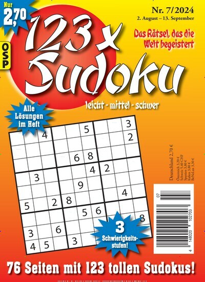 Titelbild der Ausgabe 7/2024 von 123 x Sudoku. Diese Zeitschrift und viele weitere Groschenromane und Rätselhefte als Abo oder epaper bei United Kiosk online kaufen.