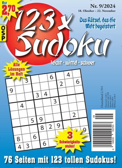 Titelbild der Ausgabe 9/2024 von 123 x Sudoku. Diese Zeitschrift und viele weitere Groschenromane und Rätselhefte als Abo oder epaper bei United Kiosk online kaufen.