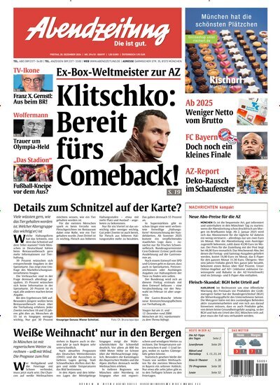 Titelbild der Ausgabe 312/2024 von Abendzeitung München. Diese Zeitschrift und viele weitere Zeitungsabos als Abo oder epaper bei United Kiosk online kaufen.