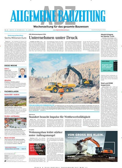 Titelbild der Ausgabe 42/2024 von ABZ - Allgemeine Bauzeitung. Diese Zeitschrift und viele weitere Architekturzeitschriften und Bauzeitschriften als Abo oder epaper bei United Kiosk online kaufen.