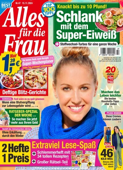 Titelbild der Ausgabe 47/2024 von Alles für die Frau. Diese Zeitschrift und viele weitere Frauenzeitschriften als Abo oder epaper bei United Kiosk online kaufen.