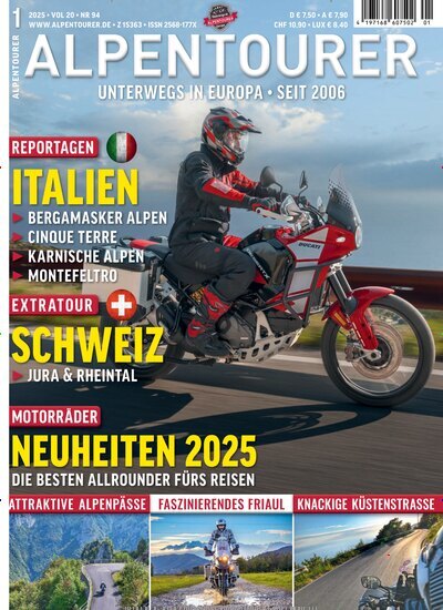 Titelbild der Ausgabe 1/2025 von Alpentourer. Diese Zeitschrift und viele weitere Automagazine und Motorradzeitschriften als Abo oder epaper bei United Kiosk online kaufen.