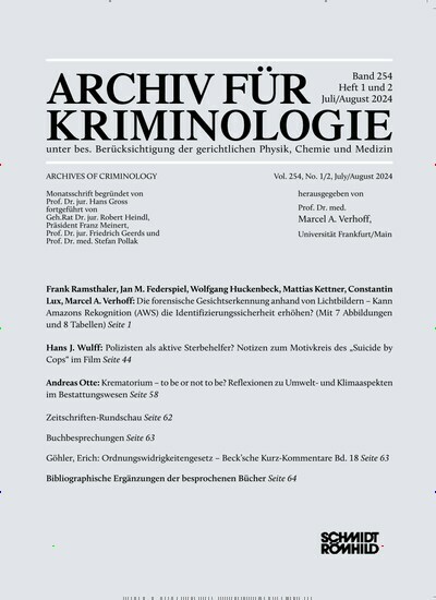 Titelbild der Ausgabe 8/2024 von Archiv für Kriminologie. Diese Zeitschrift und viele weitere Jurazeitschriften und Zeitschriften für Verwaltung als Abo oder epaper bei United Kiosk online kaufen.