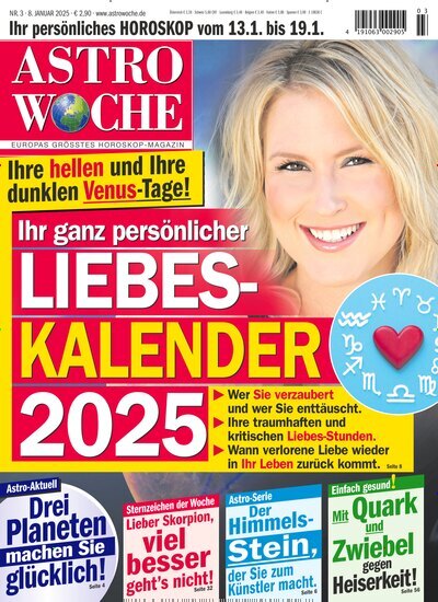 Titelbild der Ausgabe 3/2025 von Astrowoche. Diese Zeitschrift und viele weitere Frauenzeitschriften als Abo oder epaper bei United Kiosk online kaufen.