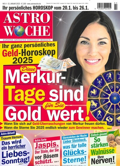 Titelbild der Ausgabe 4/2025 von Astrowoche. Diese Zeitschrift und viele weitere Frauenzeitschriften als Abo oder epaper bei United Kiosk online kaufen.