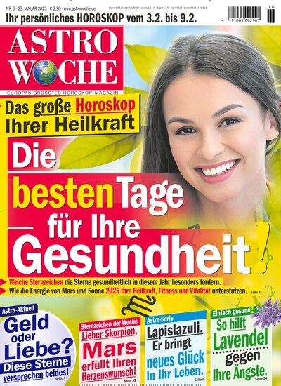 Titelbild der Ausgabe 6/2025 von Astrowoche. Diese Zeitschrift und viele weitere Frauenzeitschriften als Abo oder epaper bei United Kiosk online kaufen.