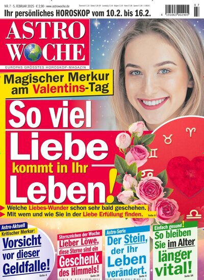 Titelbild der Ausgabe 7/2025 von Astrowoche. Diese Zeitschrift und viele weitere Frauenzeitschriften als Abo oder epaper bei United Kiosk online kaufen.