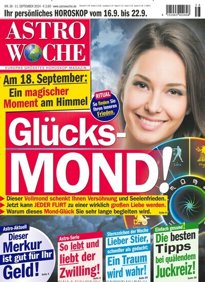 Titelbild der Ausgabe 38/2024 von Astrowoche. Diese Zeitschrift und viele weitere Frauenzeitschriften als Abo oder epaper bei United Kiosk online kaufen.