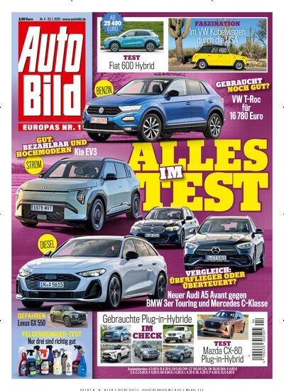 Titelbild der Ausgabe 4/2025 von Auto Bild. Diese Zeitschrift und viele weitere Automagazine und Motorradzeitschriften als Abo oder epaper bei United Kiosk online kaufen.