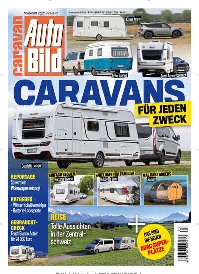 Titelbild der Ausgabe 1/2025 von Auto Bild caravan. Diese Zeitschrift und viele weitere Automagazine und Motorradzeitschriften als Abo oder epaper bei United Kiosk online kaufen.