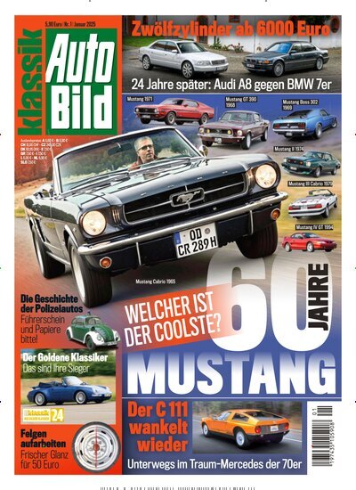 Titelbild der Ausgabe 1/2025 von Auto Bild klassik. Diese Zeitschrift und viele weitere Automagazine und Motorradzeitschriften als Abo oder epaper bei United Kiosk online kaufen.