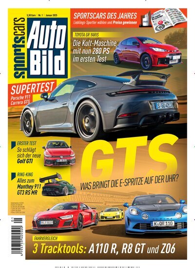 Titelbild der Ausgabe 1/2025 von Auto Bild sportscars. Diese Zeitschrift und viele weitere Automagazine und Motorradzeitschriften als Abo oder epaper bei United Kiosk online kaufen.