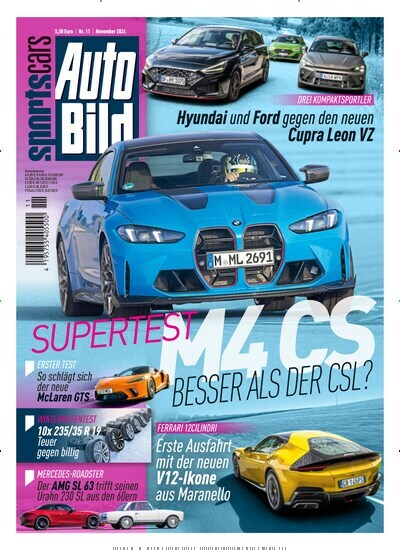 Titelbild der Ausgabe 11/2024 von Auto Bild sportscars. Diese Zeitschrift und viele weitere Automagazine und Motorradzeitschriften als Abo oder epaper bei United Kiosk online kaufen.