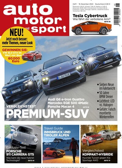 Titelbild der Ausgabe 1/2025 von auto motor und sport. Diese Zeitschrift und viele weitere Automagazine und Motorradzeitschriften als Abo oder epaper bei United Kiosk online kaufen.