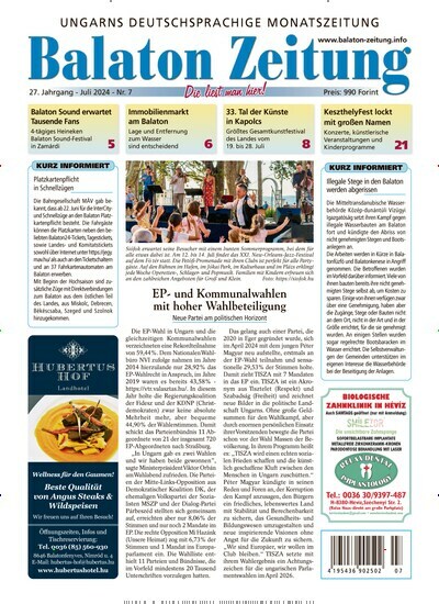 Titelbild der Ausgabe 7/2024 von Balaton Zeitung. Diese Zeitschrift und viele weitere Zeitungsabos als Abo oder epaper bei United Kiosk online kaufen.