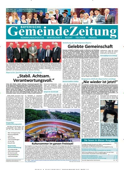 Titelbild der Ausgabe 15/2024 von Bayerische Gemeindezeitung. Diese Zeitschrift und viele weitere Wirtschaftsmagazine und Politikmagazine als Abo oder epaper bei United Kiosk online kaufen.