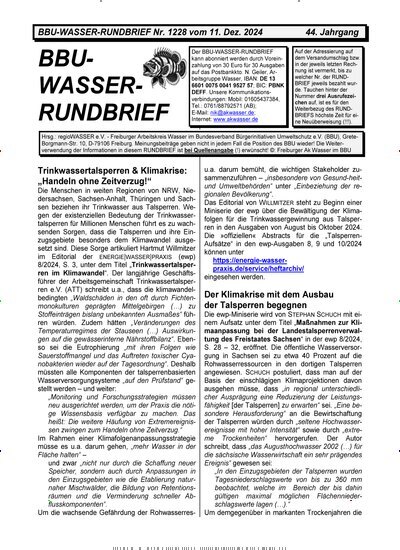 Titelbild der Ausgabe 228/2024 von BBU-Wasser Rundbrief. Diese Zeitschrift und viele weitere Naturzeitschriften, Landwirtschaftszeitungen und Umweltmagazine als Abo oder epaper bei United Kiosk online kaufen.