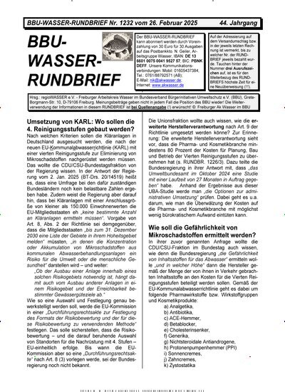 Titelbild der Ausgabe 232/2025 von BBU-Wasser Rundbrief. Diese Zeitschrift und viele weitere Naturzeitschriften, Landwirtschaftszeitungen und Umweltmagazine als Abo oder epaper bei United Kiosk online kaufen.