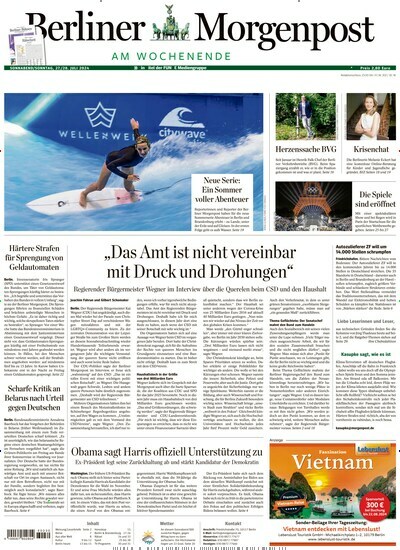 Titelbild der Ausgabe 203/2024 von Berliner Morgenpost. Diese Zeitschrift und viele weitere Zeitungsabos als Abo oder epaper bei United Kiosk online kaufen.