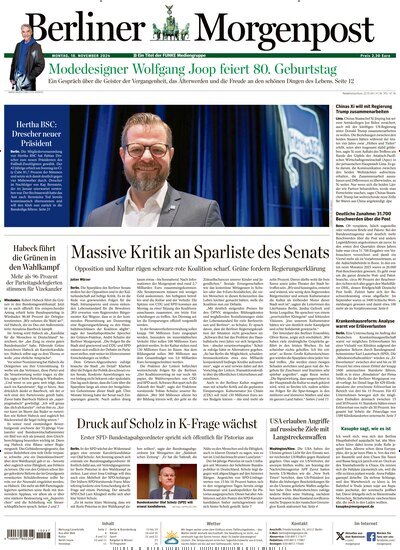 Titelbild der Ausgabe 316/2024 von Berliner Morgenpost. Diese Zeitschrift und viele weitere Zeitungsabos als Abo oder epaper bei United Kiosk online kaufen.