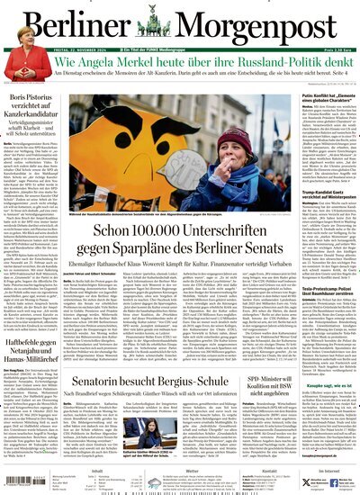 Titelbild der Ausgabe 320/2024 von Berliner Morgenpost. Diese Zeitschrift und viele weitere Zeitungsabos als Abo oder epaper bei United Kiosk online kaufen.