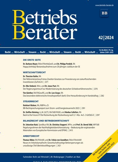 Titelbild der Ausgabe 42/2024 von Betriebs-Berater. Diese Zeitschrift und viele weitere Businessmagazine als Abo oder epaper bei United Kiosk online kaufen.