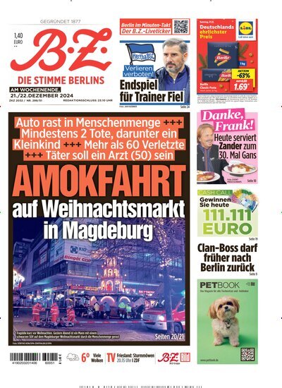 Titelbild der Ausgabe 300/2024 von B.Z.. Diese Zeitschrift und viele weitere Zeitungsabos als Abo oder epaper bei United Kiosk online kaufen.