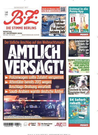 Titelbild der Ausgabe 301/2024 von B.Z.. Diese Zeitschrift und viele weitere Zeitungsabos als Abo oder epaper bei United Kiosk online kaufen.