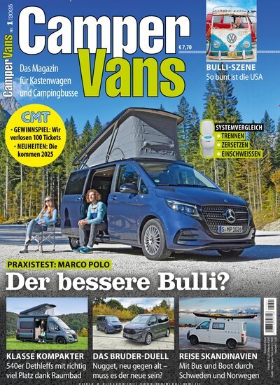 Titelbild der Ausgabe 1/2025 von Camper Vans. Diese Zeitschrift und viele weitere Automagazine und Motorradzeitschriften als Abo oder epaper bei United Kiosk online kaufen.