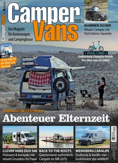 Titelbild der Ausgabe 8/2024 von Camper Vans. Diese Zeitschrift und viele weitere Automagazine und Motorradzeitschriften als Abo oder epaper bei United Kiosk online kaufen.