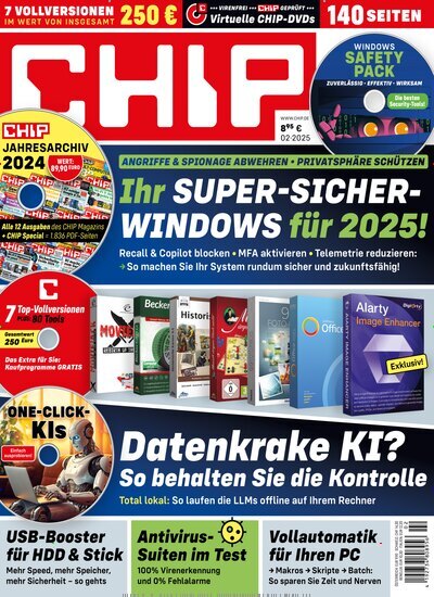 Titelbild der Ausgabe 2/2025 von Chip. Diese Zeitschrift und viele weitere Computerzeitschriften, Tabletmagazine und Smartphonemagazine als Abo oder epaper bei United Kiosk online kaufen.