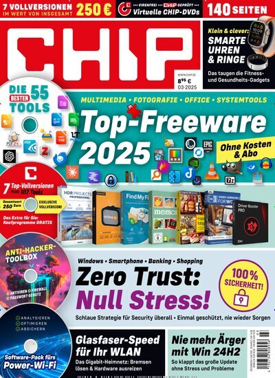 Titelbild der Ausgabe 3/2025 von Chip. Diese Zeitschrift und viele weitere Computerzeitschriften, Tabletmagazine und Smartphonemagazine als Abo oder epaper bei United Kiosk online kaufen.