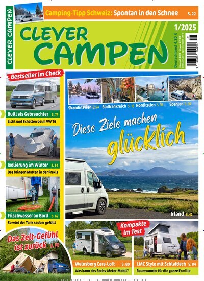 Titelbild der Ausgabe 1/2025 von Clever Campen. Diese Zeitschrift und viele weitere Automagazine und Motorradzeitschriften als Abo oder epaper bei United Kiosk online kaufen.