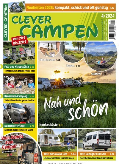 Titelbild der Ausgabe 4/2024 von Clever Campen. Diese Zeitschrift und viele weitere Automagazine und Motorradzeitschriften als Abo oder epaper bei United Kiosk online kaufen.