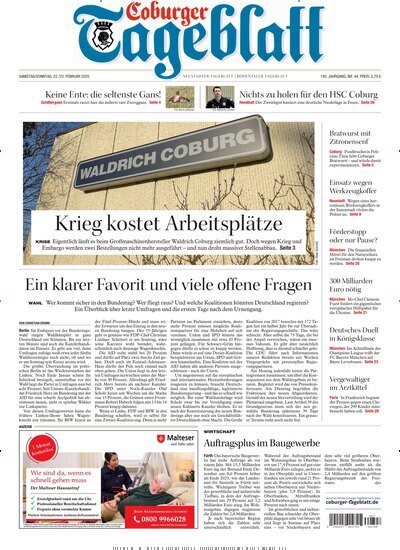 Titelbild der Ausgabe 44/2025 von Coburger Tageblatt. Diese Zeitschrift und viele weitere Zeitungsabos als Abo oder epaper bei United Kiosk online kaufen.