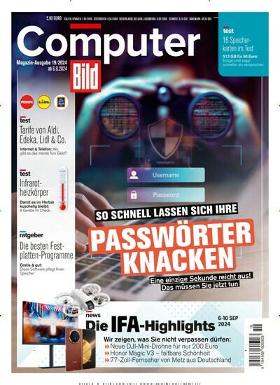 Titelbild der Ausgabe 19/2024 von Computer Bild. Diese Zeitschrift und viele weitere Computerzeitschriften, Tabletmagazine und Smartphonemagazine als Abo oder epaper bei United Kiosk online kaufen.