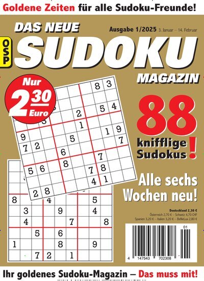 Titelbild der Ausgabe 1/2025 von Das neue Sudoku Magazin. Diese Zeitschrift und viele weitere Groschenromane und Rätselhefte als Abo oder epaper bei United Kiosk online kaufen.