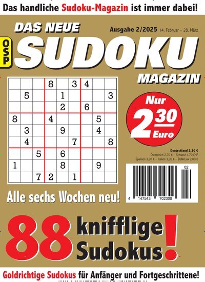 Titelbild der Ausgabe 2/2025 von Das neue Sudoku Magazin. Diese Zeitschrift und viele weitere Groschenromane und Rätselhefte als Abo oder epaper bei United Kiosk online kaufen.