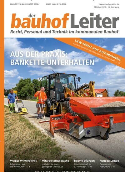 Titelbild der Ausgabe 6/2024 von der bauhofLeiter. Diese Zeitschrift und viele weitere Jurazeitschriften und Zeitschriften für Verwaltung als Abo oder epaper bei United Kiosk online kaufen.