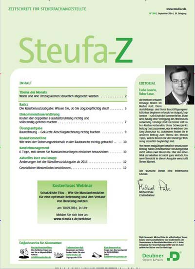 Titelbild der Ausgabe 108/2014 von Der Kanzleitrainer (ehemals Steufa-Z Zeitschrift für Steuerfachangestellte). Diese Zeitschrift und viele weitere Businessmagazine als Abo oder epaper bei United Kiosk online kaufen.