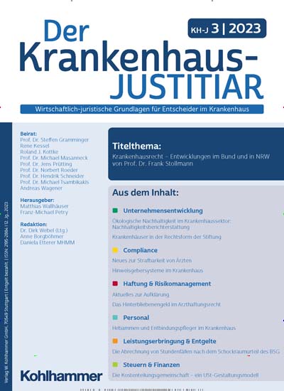 Titelbild der Ausgabe 3/2023 von Der Krankenhaus-JUSTITIAR. Diese Zeitschrift und viele weitere Pflegezeitschriften und medizinische Fachzeitschriften als Abo oder epaper bei United Kiosk online kaufen.