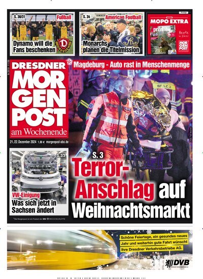 Titelbild der Ausgabe 300/2024 von Dresdner Morgenpost. Diese Zeitschrift und viele weitere Zeitungsabos als Abo oder epaper bei United Kiosk online kaufen.