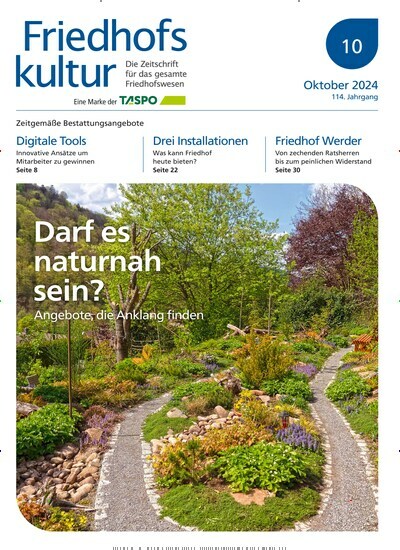 Titelbild der Ausgabe 10/2024 von Friedhofskultur. Diese Zeitschrift und viele weitere Naturzeitschriften, Landwirtschaftszeitungen und Umweltmagazine als Abo oder epaper bei United Kiosk online kaufen.