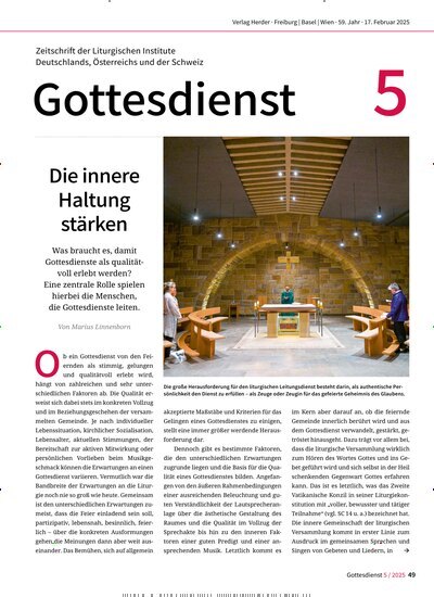 Titelbild der Ausgabe 5/2025 von Gottesdienst. Diese Zeitschrift und viele weitere Kunstmagazine und Kulturmagazine als Abo oder epaper bei United Kiosk online kaufen.