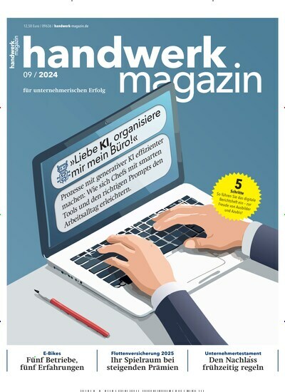 Titelbild der Ausgabe 9/2024 von handwerk magazin. Diese Zeitschrift und viele weitere Architekturzeitschriften und Bauzeitschriften als Abo oder epaper bei United Kiosk online kaufen.