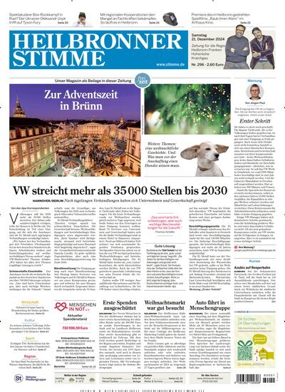 Titelbild der Ausgabe 296/2024 von Heilbronner Stimme Stadtausgabe. Diese Zeitschrift und viele weitere Zeitungsabos als Abo oder epaper bei United Kiosk online kaufen.