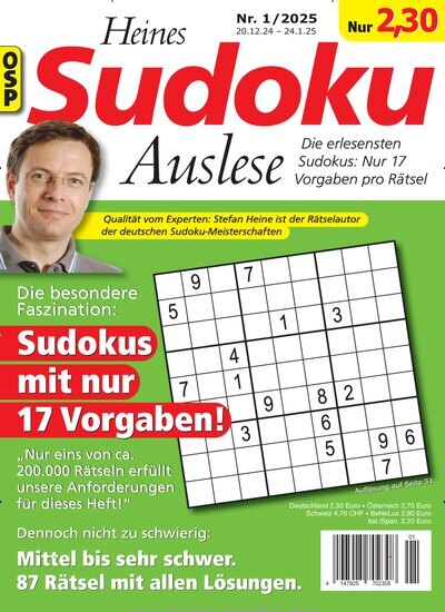 Titelbild der Ausgabe 1/2025 von Heines Sudoku Auslese. Diese Zeitschrift und viele weitere Groschenromane und Rätselhefte als Abo oder epaper bei United Kiosk online kaufen.