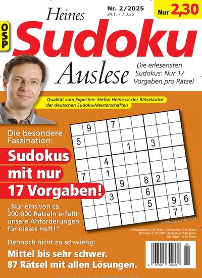 Titelbild der Ausgabe 2/2025 von Heines Sudoku Auslese. Diese Zeitschrift und viele weitere Groschenromane und Rätselhefte als Abo oder epaper bei United Kiosk online kaufen.